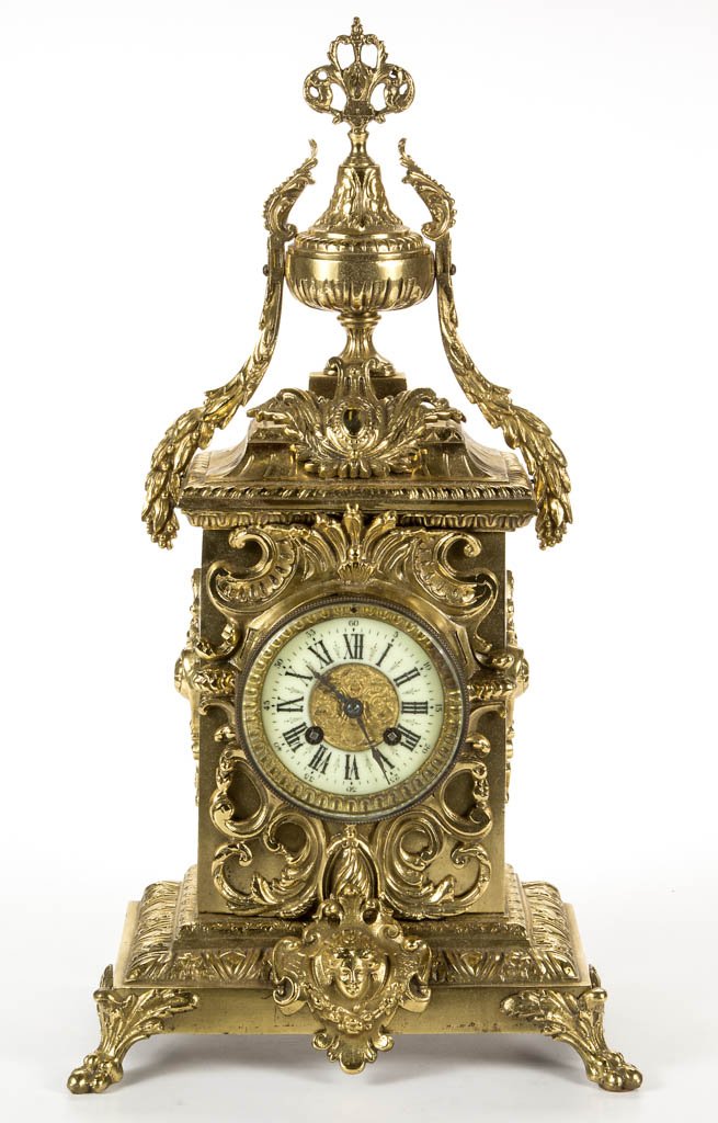 FRENCH GILT-METAL NEOCLASSICAL-STYLE MANTLE CLOCK (1 of 3)