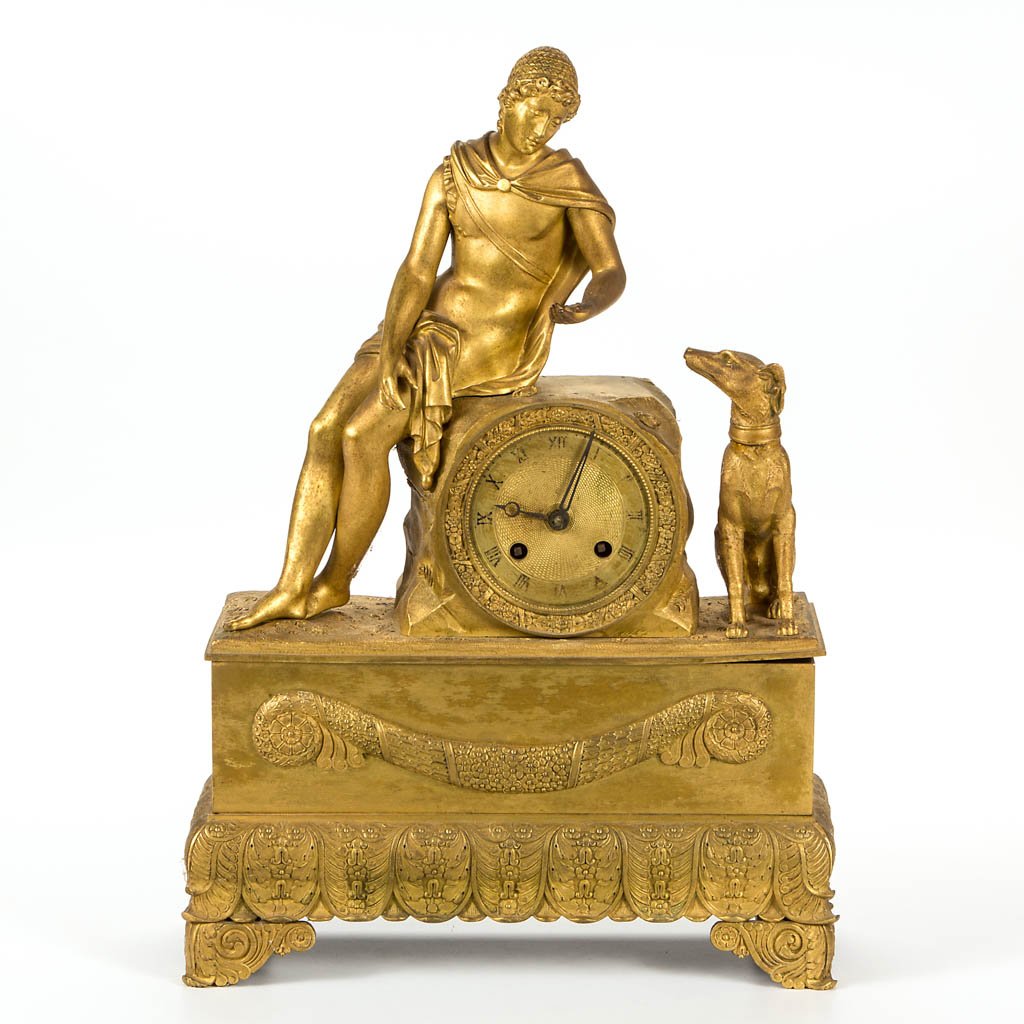 FRENCH NEOCLASSICAL-STYLE GILT-METAL FIGURAL MANTLE (1 of 3)
