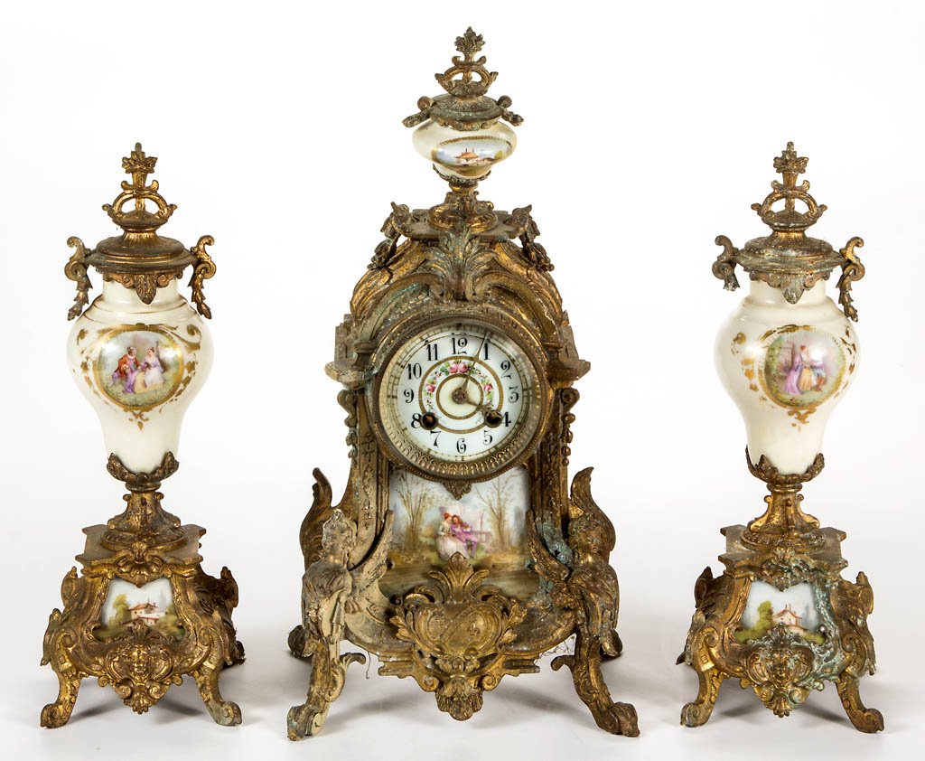 CONTINENTAL WHITE METAL AND PORCELAIN THREE-PIECE CLOCK (1 of 1)