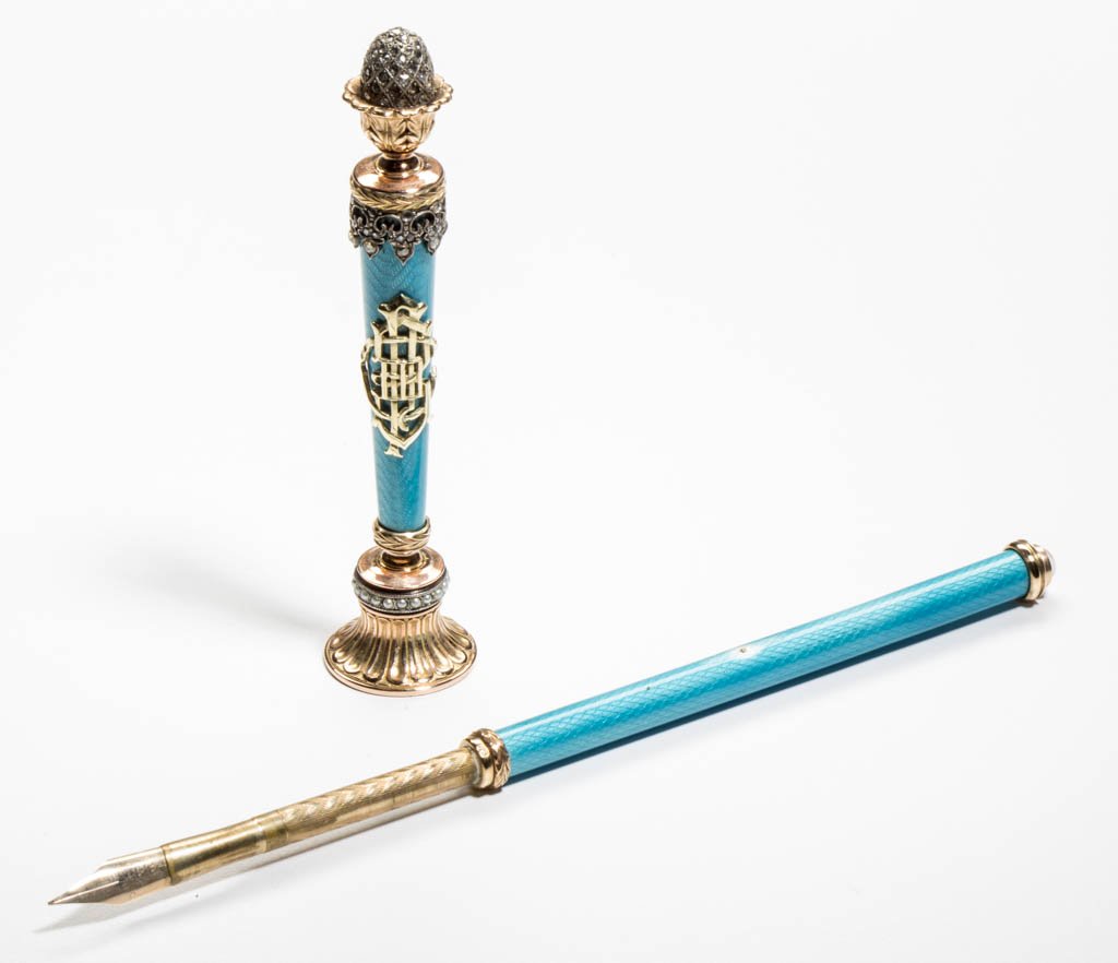 RUSSIAN GOLD, GUILLOCHE, AND JEWEL ENCRUSTED TWO-PIECE (1 of 8)