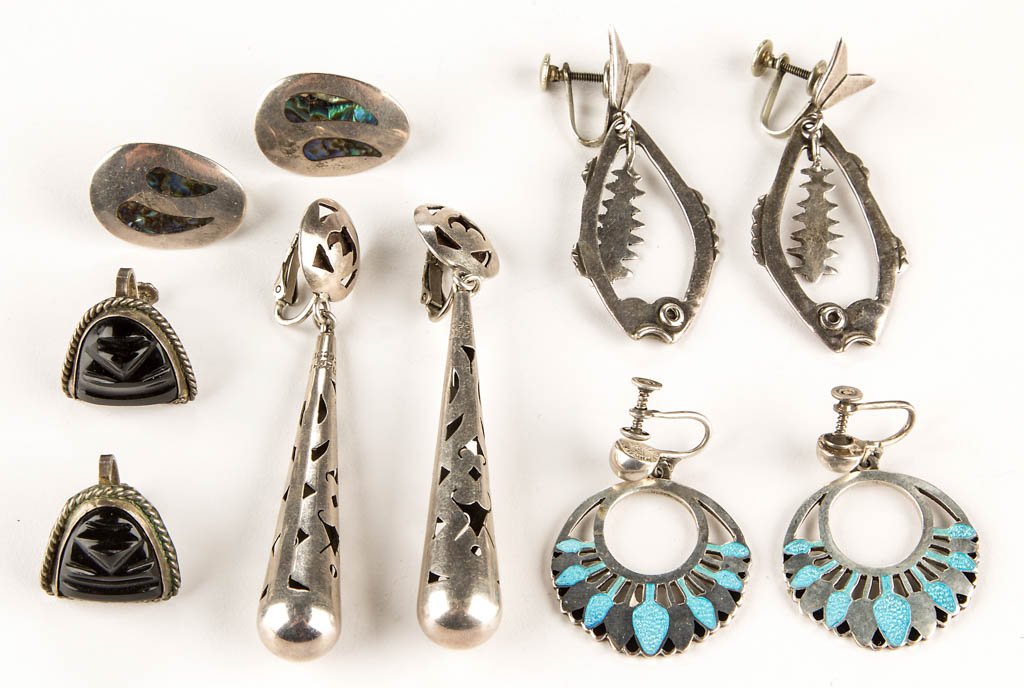 VINTAGE MEXICAN STERLING SILVER EARRINGS, FIVE PAIR (1 of 1)