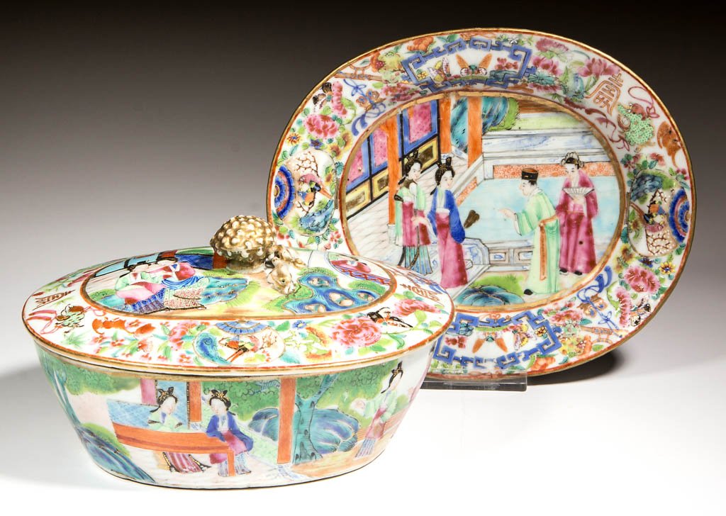 CHINESE EXPORT ROSE MANDARIN PORCELAIN LIDDED DISH AND (1 of 2)