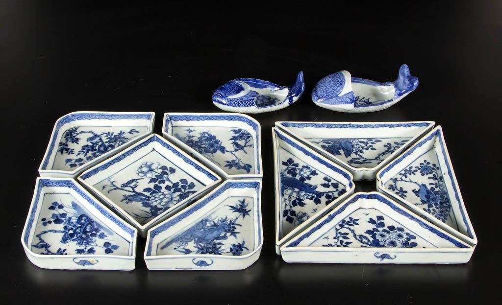 CHINESE BLUE AND WHITE PORCELAIN TRAYS AND DISHES, LOT (1 of 1)