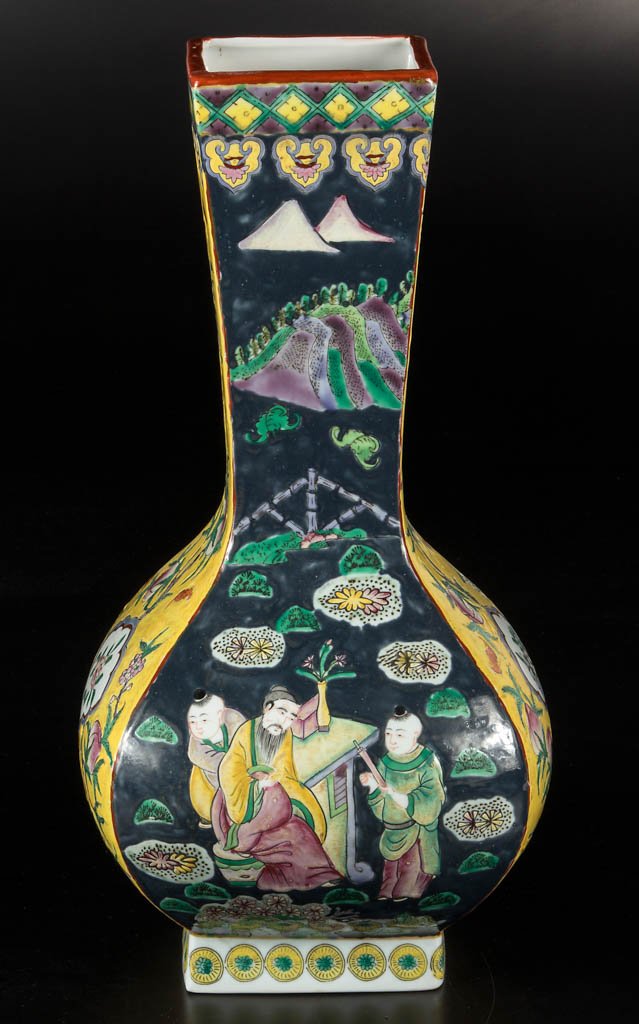 CHINESE FAMILLE JAUNE PORCELAIN VASE: CHINESE FAMILLE JAUNE PORCELAIN VASE, paneled semi baluster-form, on square foot, with bulging body and rectangular neck tapering slightly out to a square rim, two opposite panels with scenic decorati