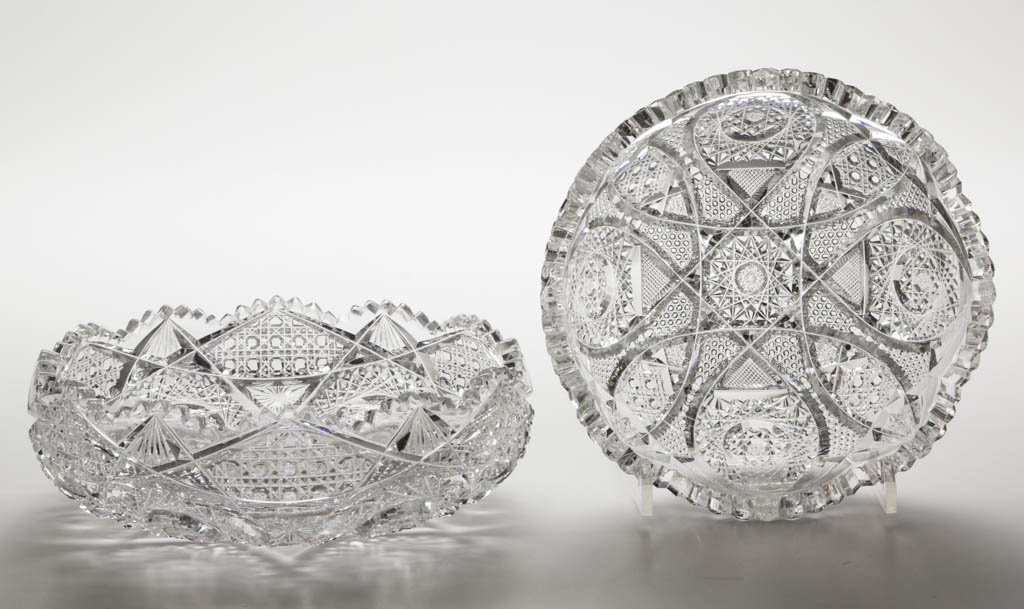 AMERICAN BRILLIANT CUT GLASS BOWLS, LOT OF TWO: AMERICAN BRILLIANT CUT GLASS BOWLS, LOT OF TWO, comprising an unmarked T. B. Clark "Huyler" shallow example with slightly folded-in rim; and an example with vesicas containing hobstars, fine cross-hat