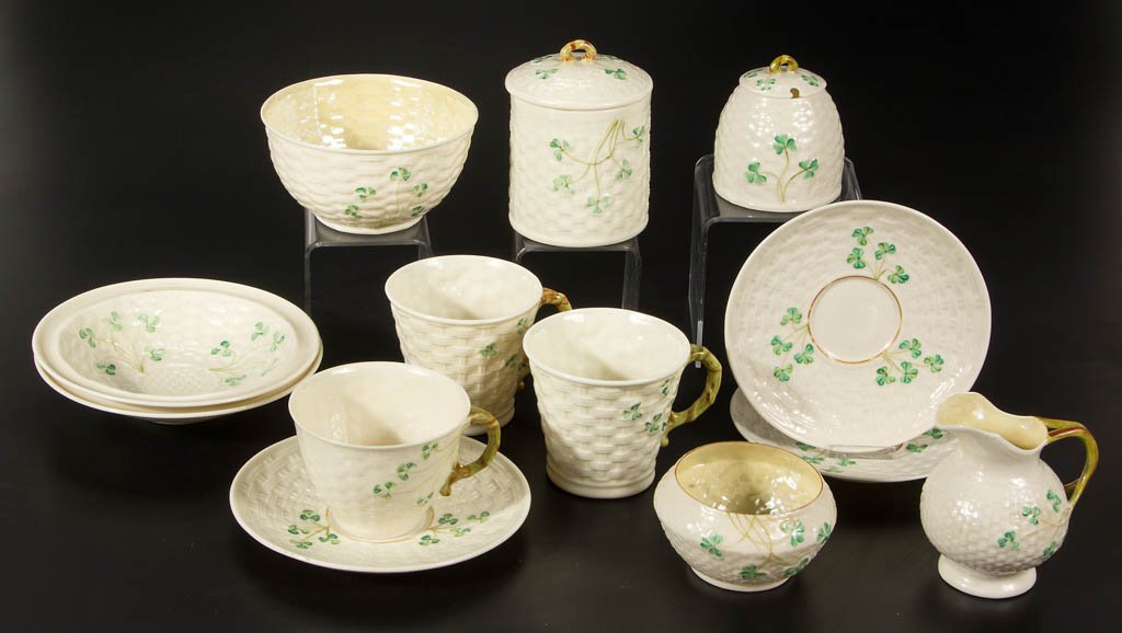 IRISH BELLEEK PORCELAIN SERVING ARTICLES, LOT OF 13 (1 of 2)