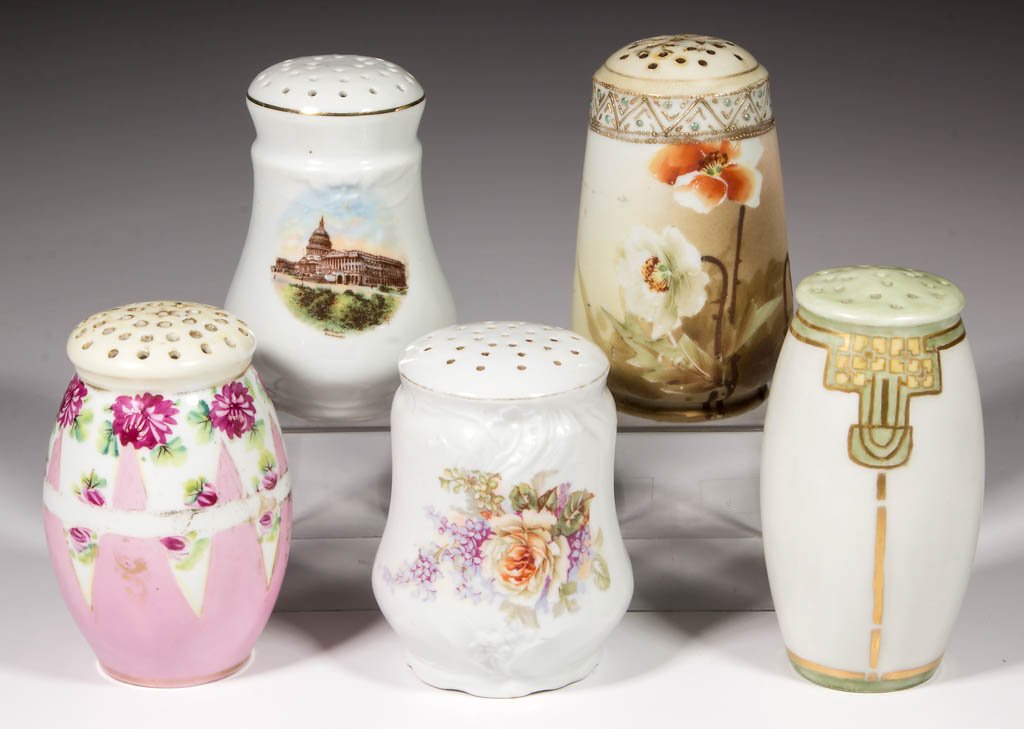 ASSORTED DECORATED CERAMIC SUGAR SHAKERS, LOT OF FIVE (1 of 1)