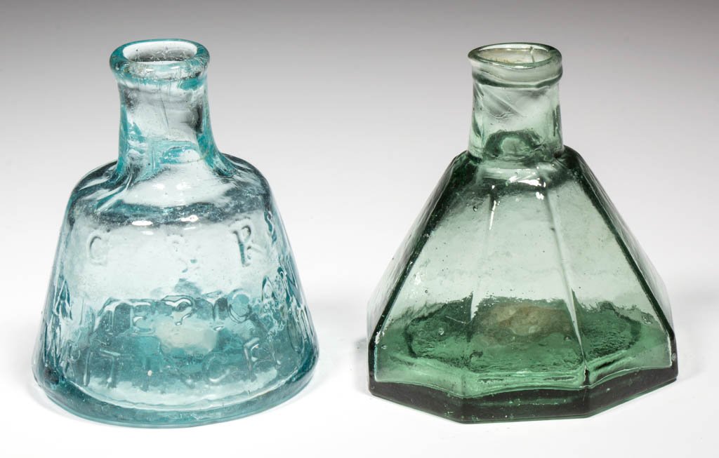AMERICAN BLOWN-MOLDED INK BOTTLES, LOT OF TWO: AMERICAN BLOWN-MOLDED INK BOTTLES, LOT OF TWO, comprising an aqua cone embossed "G. & Rs / AMERICAN / WRITING FLUID", and a dull green eight-panel umbrella, both with rounded/folded mouth and rough po