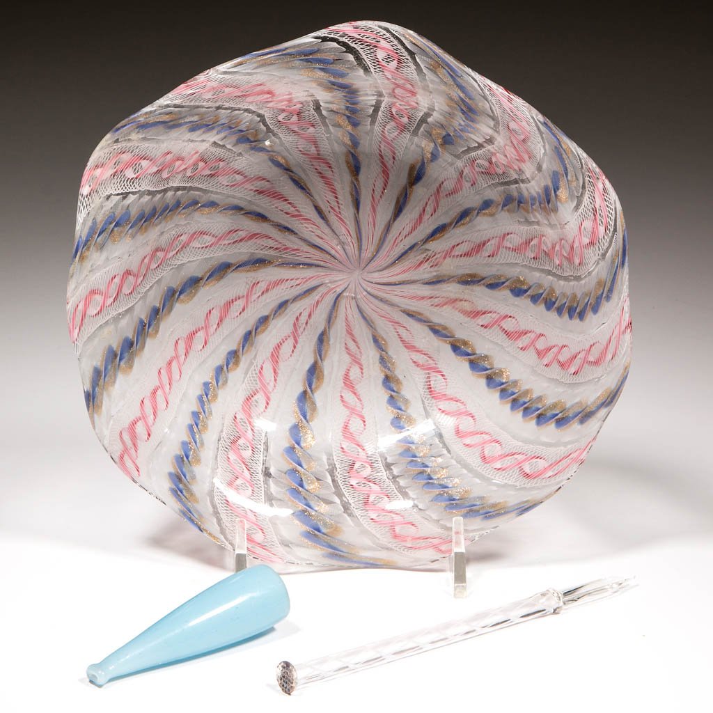 LUTZ-STYLE AND OTHER GLASS ARTICLES, LOT OF THREE: LUTZ-STYLE AND OTHER GLASS ARTICLES, LOT OF THREE, comprising a bowl with colored-twist filigree and ruffled rim, an opal cased pale blue cigarette holder, and a latticinio dipping pen. Late 19th/earl