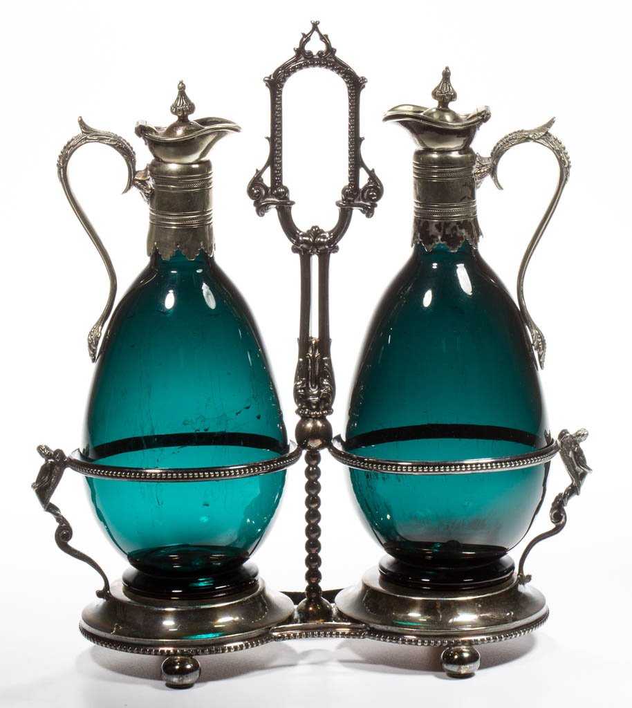 FREE-BLOWN PAIR OF CLARET JUGS IN STAND (1 of 2)