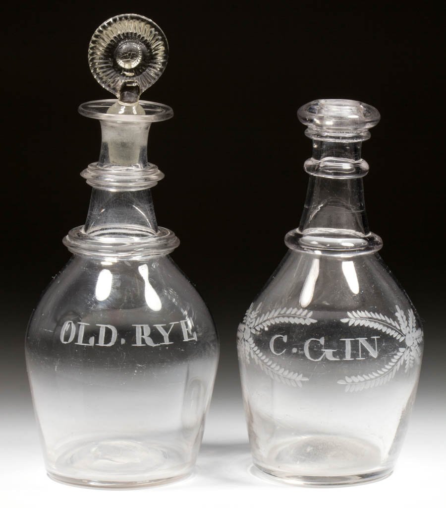 ENGRAVED FREE-BLOWN DECANTERS, LOT OF TWO (1 of 1)