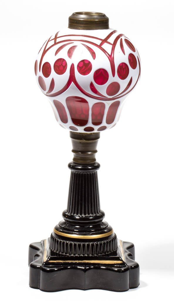 CUT OVERLAY TULIP KEROSENE STAND LAMP (1 of 1)
