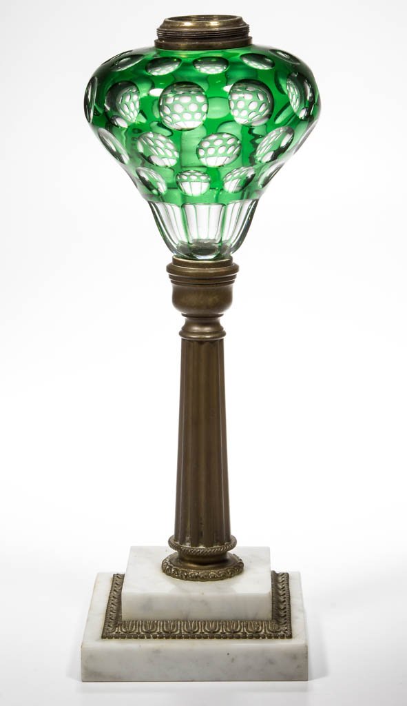 CUT OVERLAY PUNTY AND PANEL KEROSENE STAND LAMP (1 of 1)