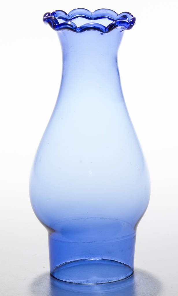 BLUE NO. 0 PETAL TOP SLIP CHIMNEY: BLUE NO. 0 PETAL TOP SLIP CHIMNEY, transparent, ten-scalloped rim. 1877-1880. 6 3/8" HOA, 2 1/8" D fitter. Literature: Parallels B & K II, fig. 2337. Provenance: From a mid-Atlantic private collection