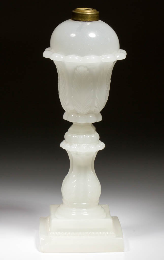 PRESSED ACANTHUS LEAF WHALE OIL / FLUID STAND LAMP: PRESSED ACANTHUS LEAF WHALE OIL / FLUID STAND LAMP, alabaster/clambroth, large size, dome-top font with 12 protruding petals below the shoulder and a short hexagonal lower extension with 12 beads, rai