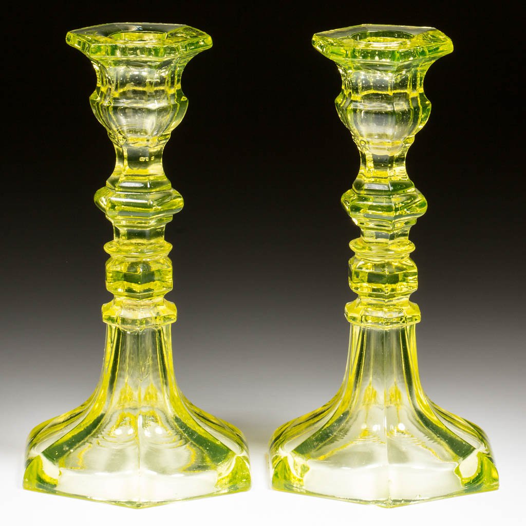 PRESSED HEXAGONAL PAIR OF CANDLESTICKS (1 of 1)