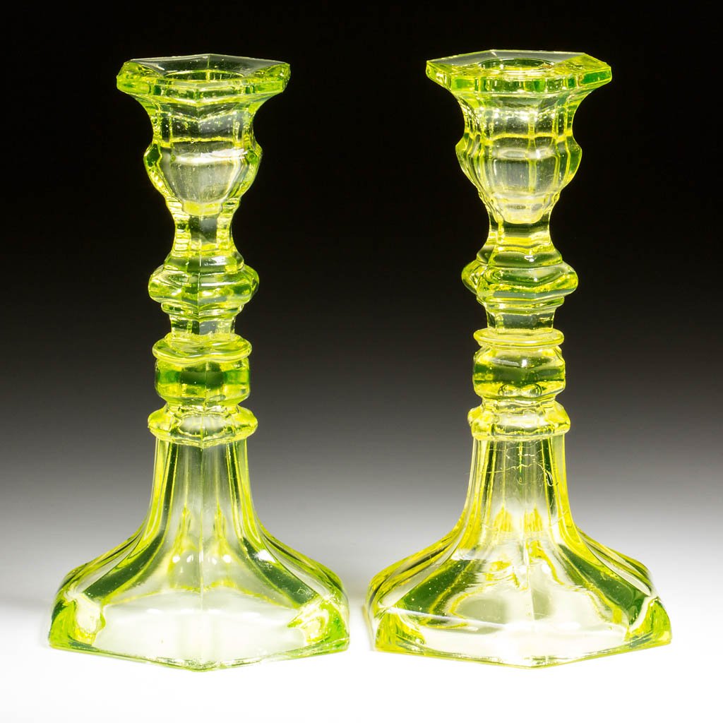 PRESSED HEXAGONAL PAIR OF CANDLESTICKS (1 of 1)