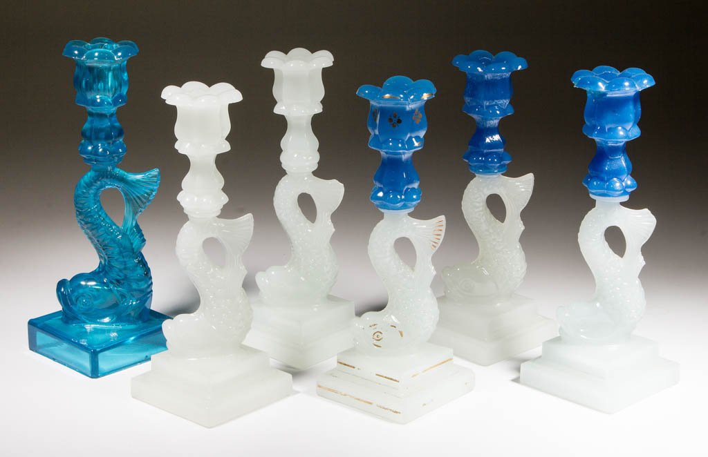 ASSORTED PRESSED DOLPHIN CANDLESTICKS, LOT OF SIX (1 of 1)
