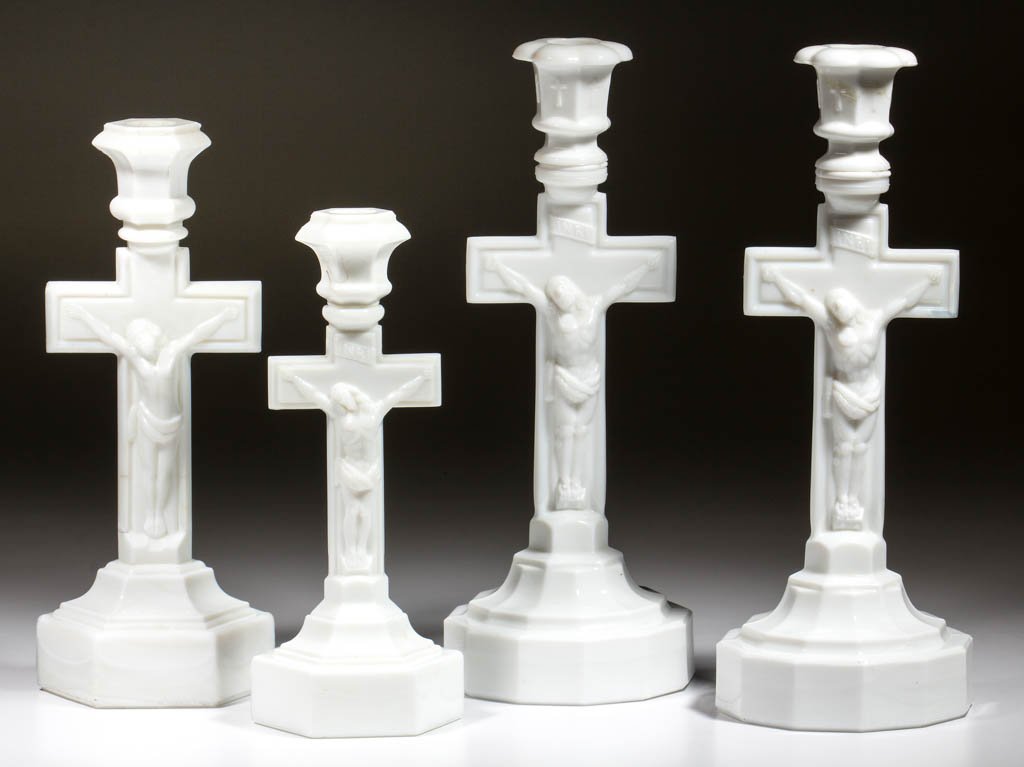 ASSORTED PRESSED CRUCIFIX CANDLESTICKS, LOT OF FOUR (1 of 1)