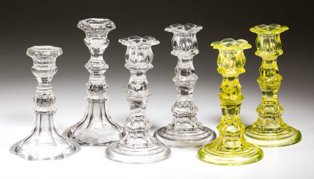 ASSORTED PRESSED CANDLESTICKS, LOT OF SIX (1 of 1)