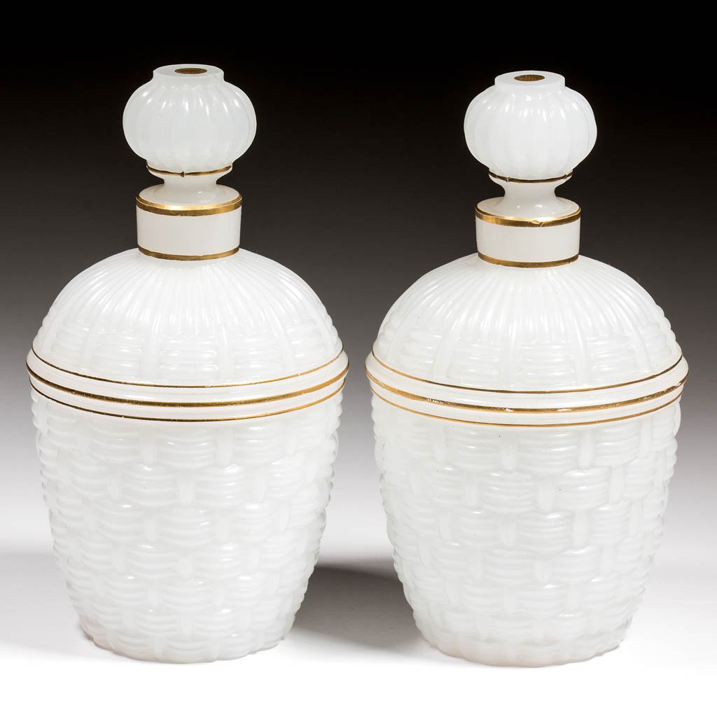 BLOWN-MOLDED COVERED BASKET PAIR OF COLOGNE BOTTLES (1 of 1)