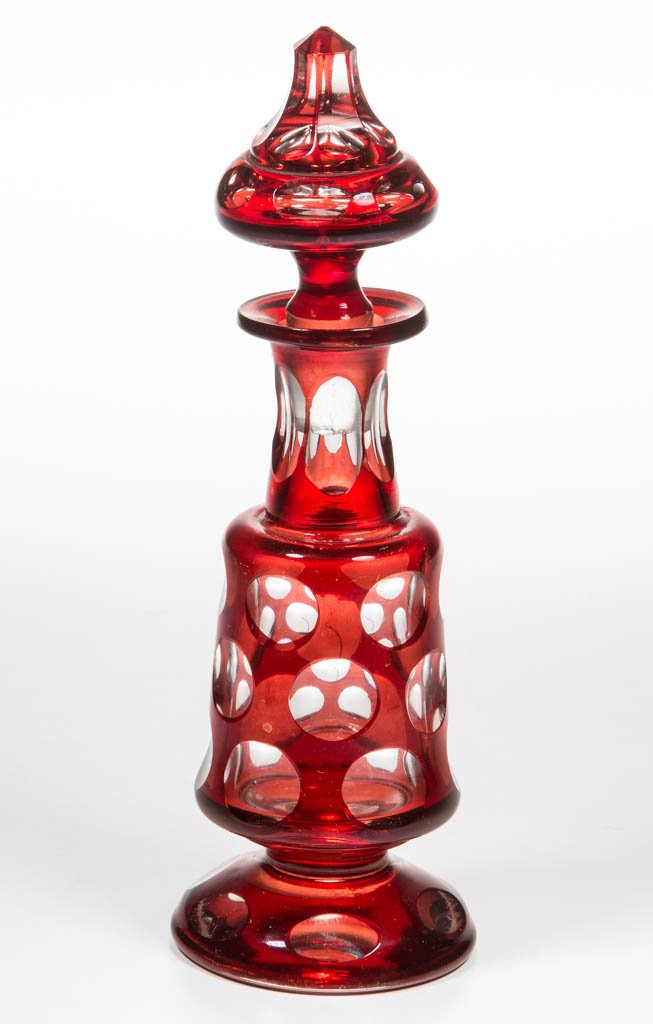 PRESSED PUNTY-CUT RUBY-STAINED FOOTED COLOGNE BOTTLE (1 of 1)