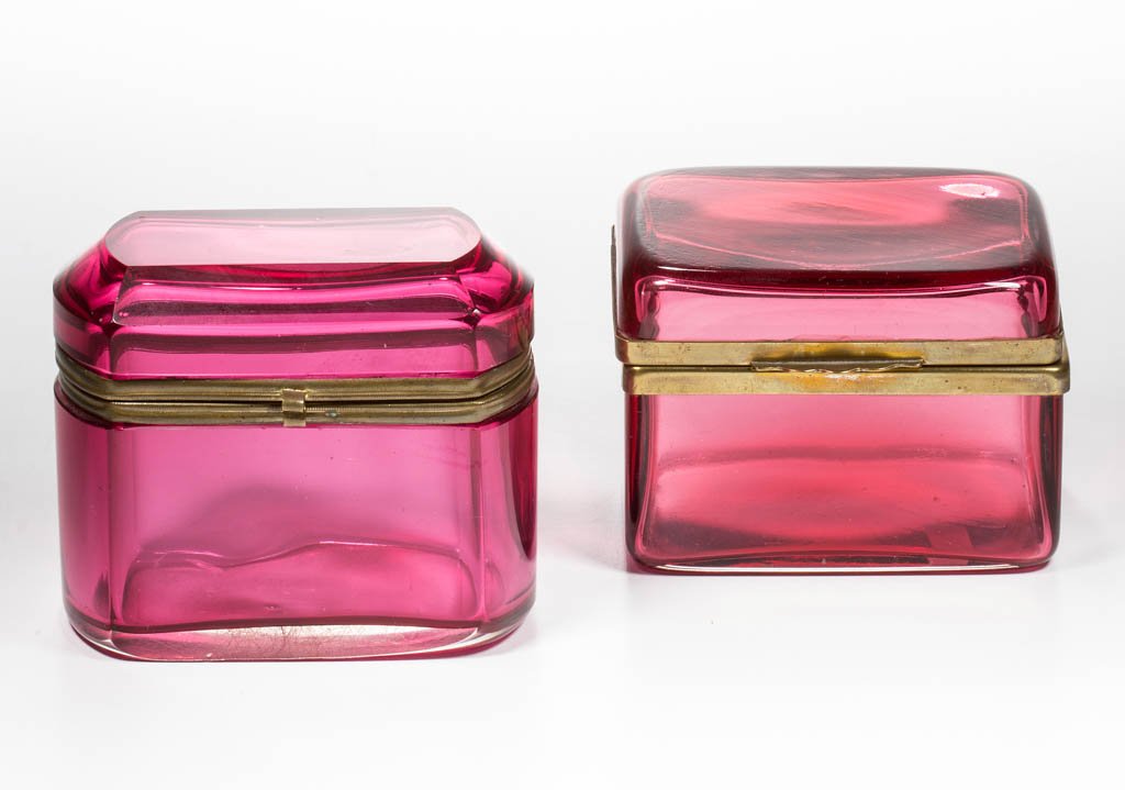 CONTINENTAL COLORED GLASS DRESSER BOXES, LOT OF TWO (1 of 1)