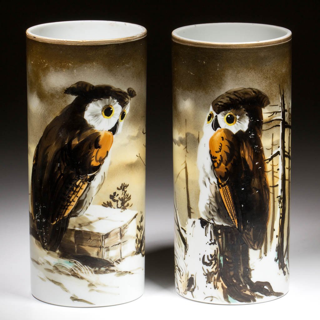 AMERICAN DECORATED OPAL OWL VASES, LOT OF TWO (1 of 1)