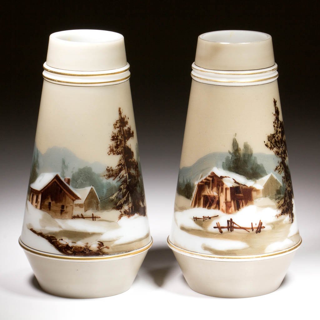 SMITH BROTHERS DECORATED OPAL WINTER SCENE VASES, LOT (1 of 2)