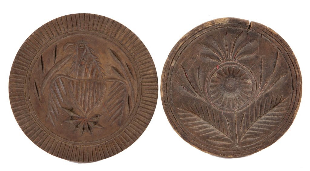 AMERICAN CARVED TREEN BUTTER PRINTS, LOT OF TWO (1 of 2)