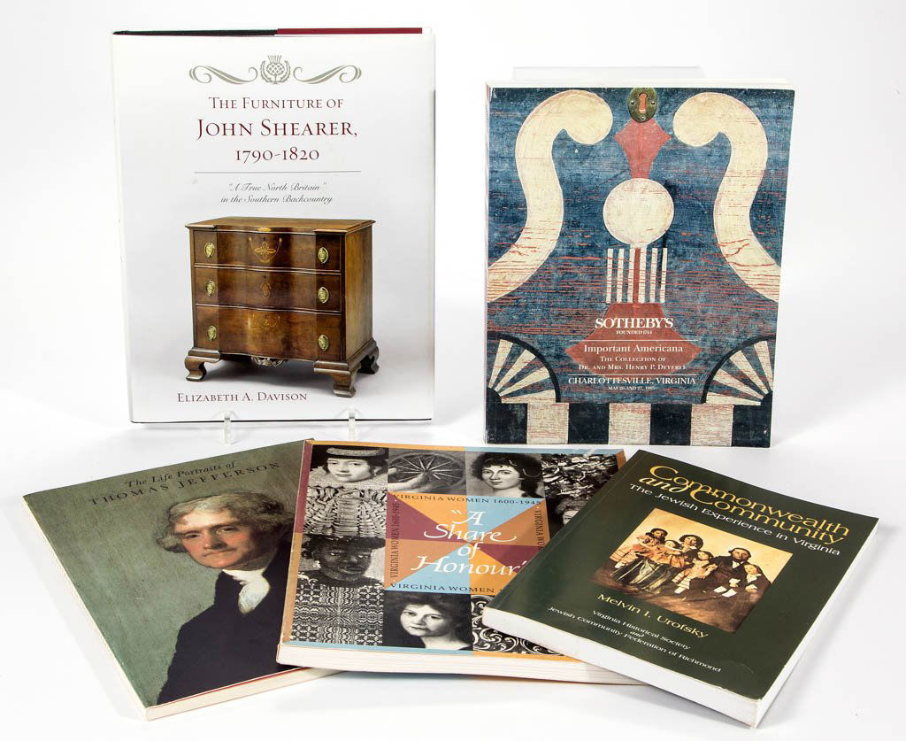 VIRGINIA ARTS AND HISTORY REFERENCE VOLUMES, LOT OF: VIRGINIA ARTS AND HISTORY REFERENCE VOLUMES, LOT OF FIVE, including Elizabeth A. Davison, "The Furniture of John Shearer, 1790-1820", 2011, AltaMira Press; Melvin I. Urofsky, "Commonwealth and Communi
