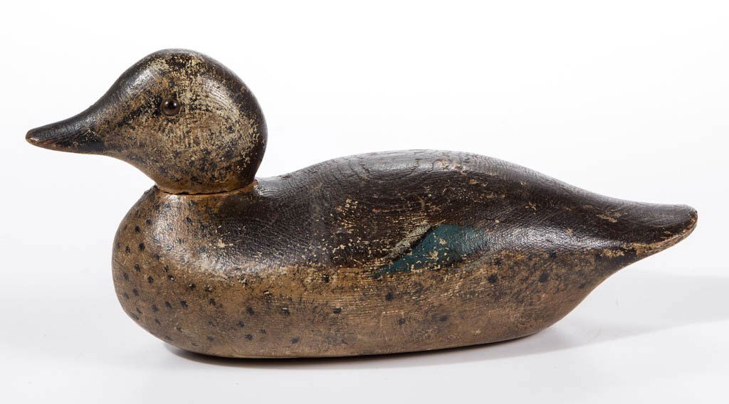 MASON FACTORY BLUE-WINGED TEAL HEN DECOY: MASON FACTORY BLUE-WINGED TEAL HEN DECOY, original paint, lacking weights to underside of base. First quarter 20th century. 5 3/4" HOA, 11 1/4" LOA.Wear and small losses to paint at neck seam. Scatter