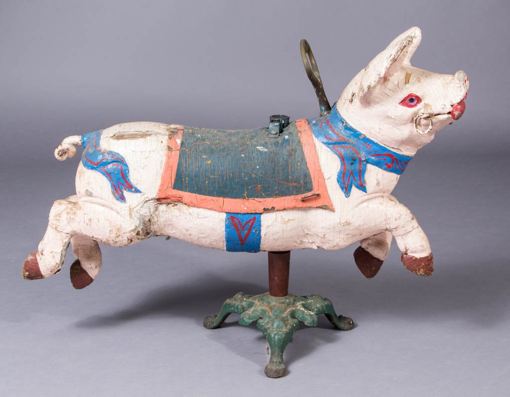 FOLK ART CARVED AND PAINTED WOODEN PIG CAROUSEL FIGURE (1 of 4)