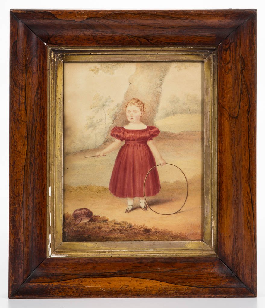 WILLIAM GWYNN (BRITISH, 19TH CENTURY) PORTRAIT OF A: WILLIAM GWYNN (BRITISH, 19TH CENTURY) PORTRAIT OF A CHILD, watercolor and pencil on paper, detailed full-length depiction of a red-headed child in red dress holding hoop and stick, park-like setting,