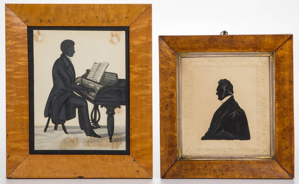 BRITISH CUT-AND-PASTED SILHOUETTE: BRITISH CUT-AND-PASTED SILHOUETTE, full-length depiction of a gentleman seated at a pianoforte, en grisaille watercolor highlights, housed under glass in a figured maple frame. Together with a cut-and