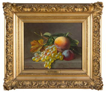 ANDREW JOHN HENRY WAY (AMERICAN, 1826-1888) STILL-LIFE: ANDREW JOHN HENRY WAY (AMERICAN, 1826-1888) STILL-LIFE PAINTING, oil on artist's board, a fine depiction of grapes, peach, and plum, with foliage, on a marble or stone table top, signed (with initials