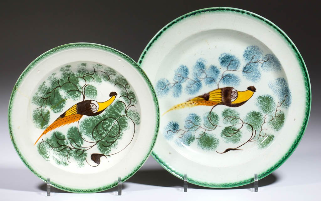 ENGLISH PEAFOWL PEARLWARE CERAMIC PLATES, LOT OF TWO (1 of 1)