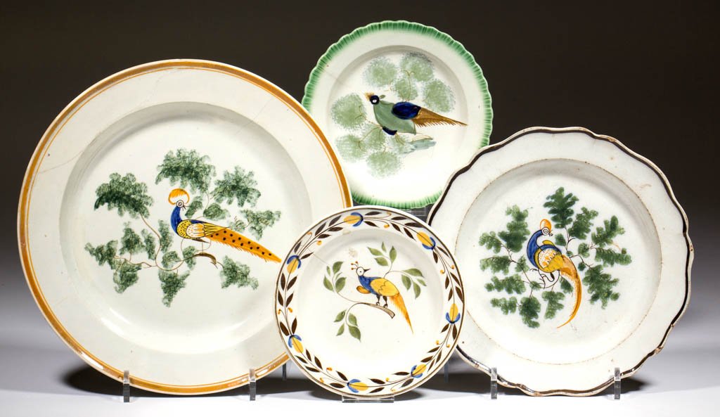 ENGLISH PEAFOWL PEARLWARE CERAMIC PLATES, LOT OF FOUR (1 of 2)