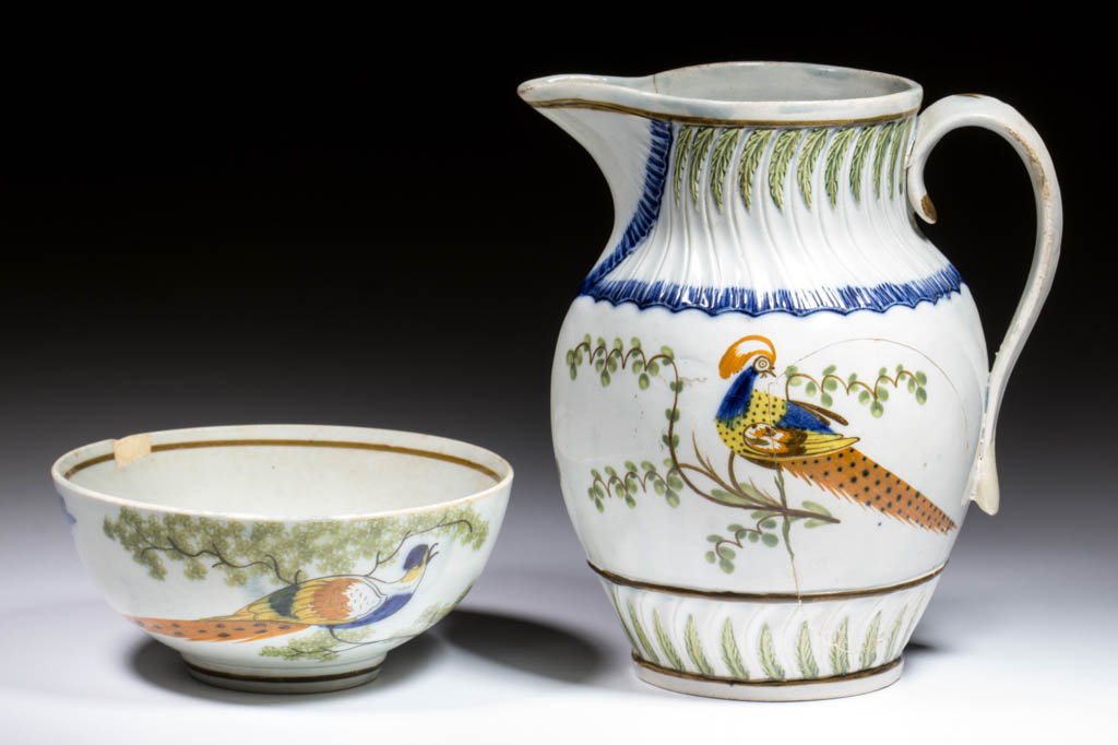 ENGLISH PEAFOWL PEARLWARE CERAMIC JUG AND BOWL, LOT OF (1 of 2)