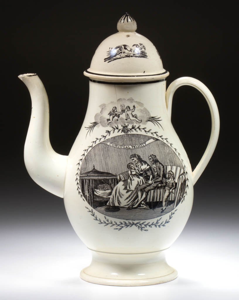 ENGLISH CREAMWARE TRANSFER-PRINTED CERAMIC COFFEE POT (1 of 2)