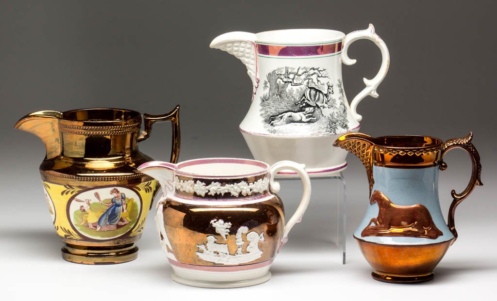 ENGLISH LUSTRE CERAMIC PITCHERS, LOT OF FOUR (1 of 2)