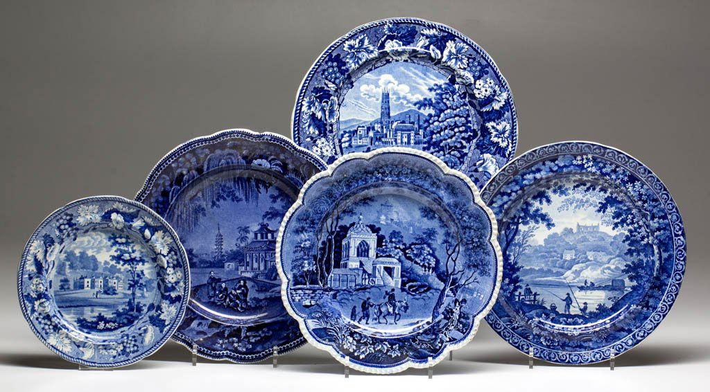 ENGLISH TRANSFERPRINTED CERAMIC PLATES, LOT OF FIVE