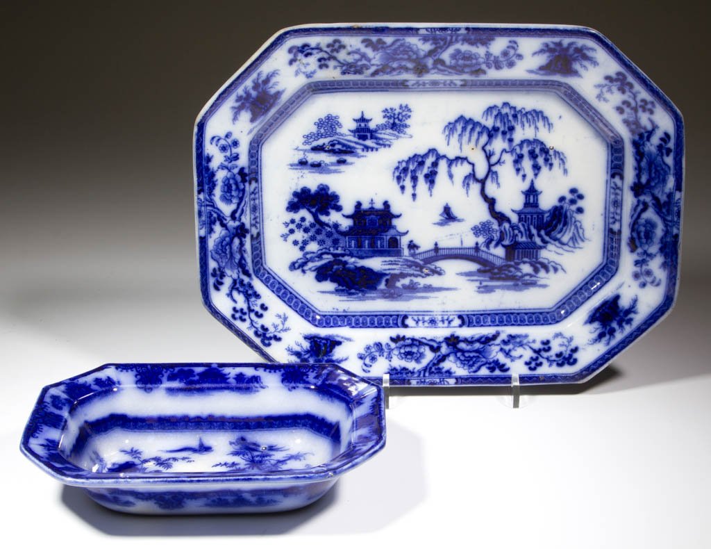 ENGLISH FLOW BLUE IRONSTONE SERVING ARTICLES, LOT OF (1 of 1)