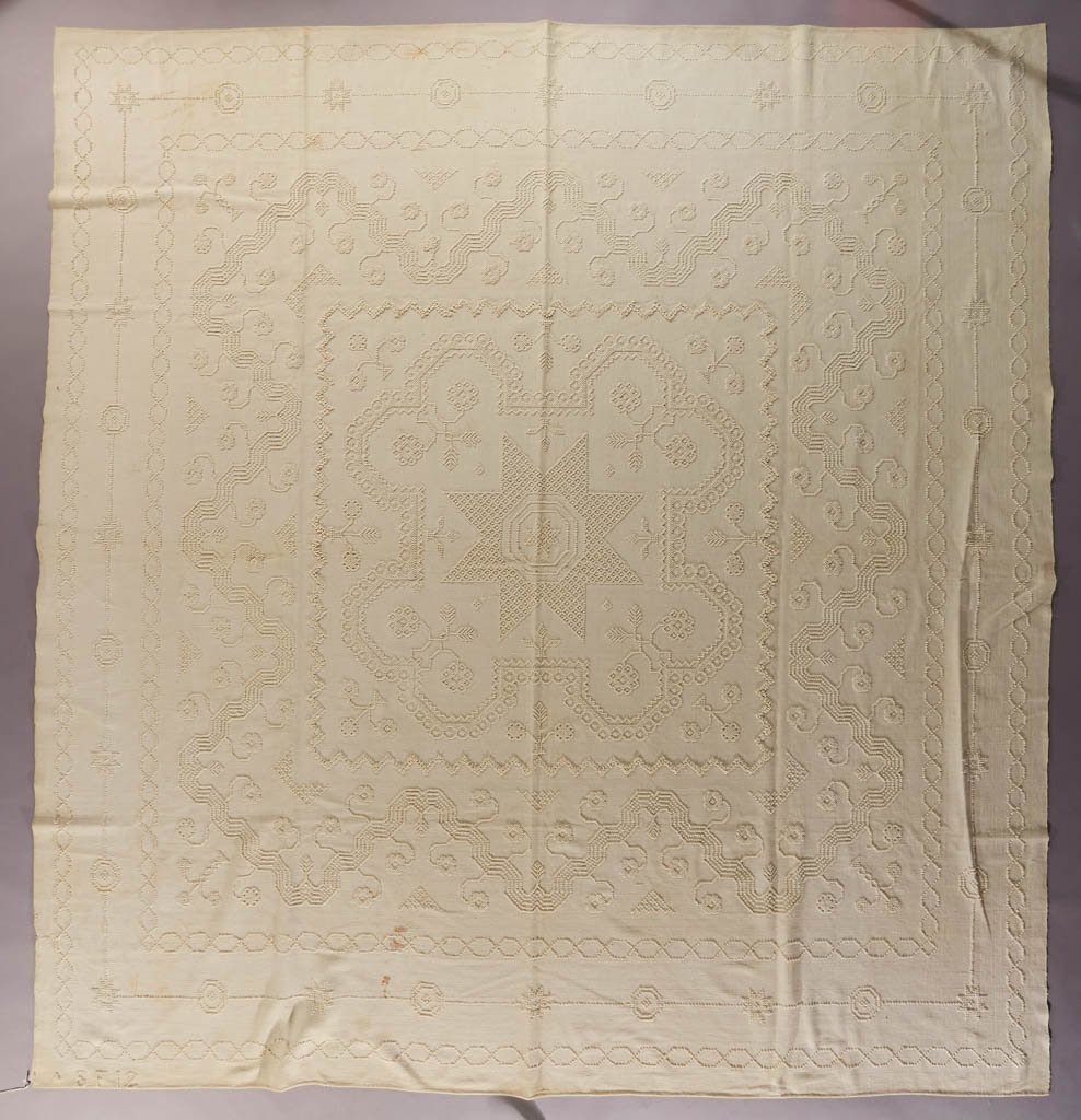 ENGLISH BOLTON-TYPE COUNTERPANE: ENGLISH BOLTON-TYPE COUNTERPANE, geometric and floral patterns picked out in raised loops of heavy cotton weft threads, woven in proper left top corner "SF 12". Circa 1810. 97" x 100". Very good condi