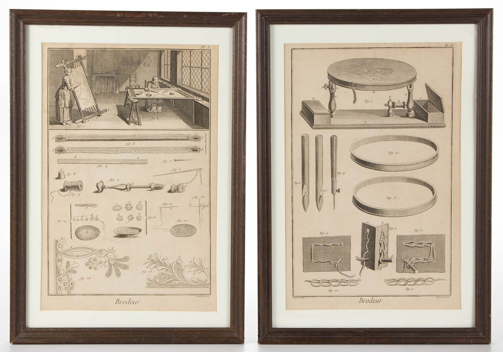 DENIS DIDEROT (FRENCH, 1713-1784) SEWING-RELATED: DENIS DIDEROT (FRENCH, 1713-1784) SEWING-RELATED PRINTS, LOT OF TWO, (each) engraving on laid paper, from Diderot's "Encyclopedie", Plates I and II, probably third edition, each titled "Brodeur", depi