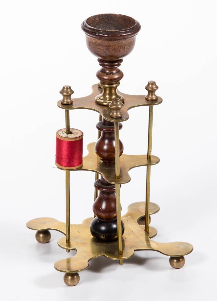 BRASS AND WOOD SPOOL HOLDER WITH PIN CUSHION (1 of 1)