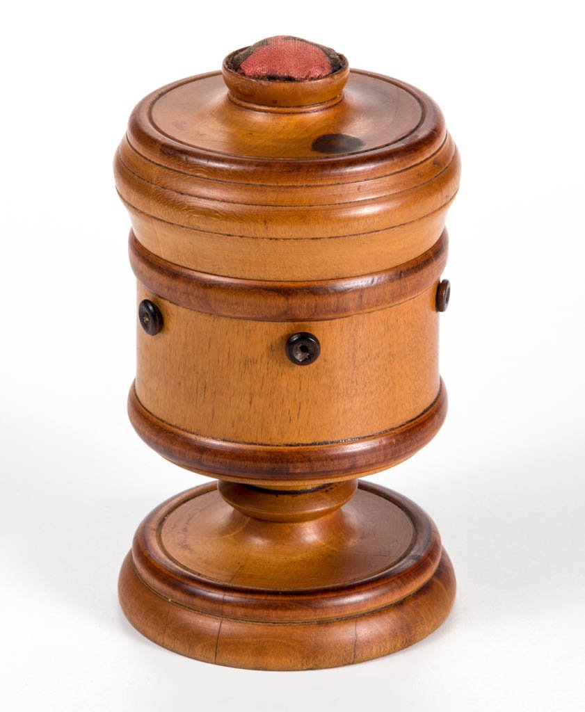 TURNED WOOD SPOOL HOLDER WITH PIN CUSHION (1 of 1)
