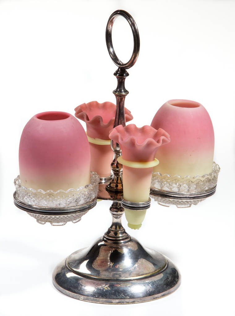 WEBB BURMESE EPERGNE FAIRY LAMP: WEBB BURMESE EPERGNE FAIRY LAMP, plush finish, two pyramid-size domes, fitted on slightly ill-fitting colorless lamp cups marked for S. Clarke, and two ruffled-rim flower holders, each with an applied