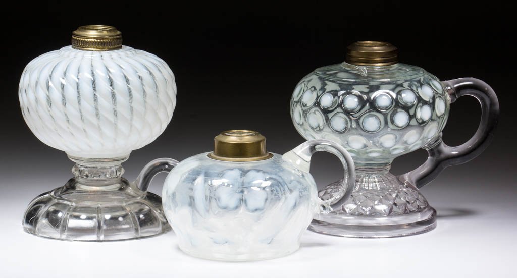 ASSORTED OPALESCENT KEROSENE FINGER LAMPS, LOT OF THREE (1 of 4)