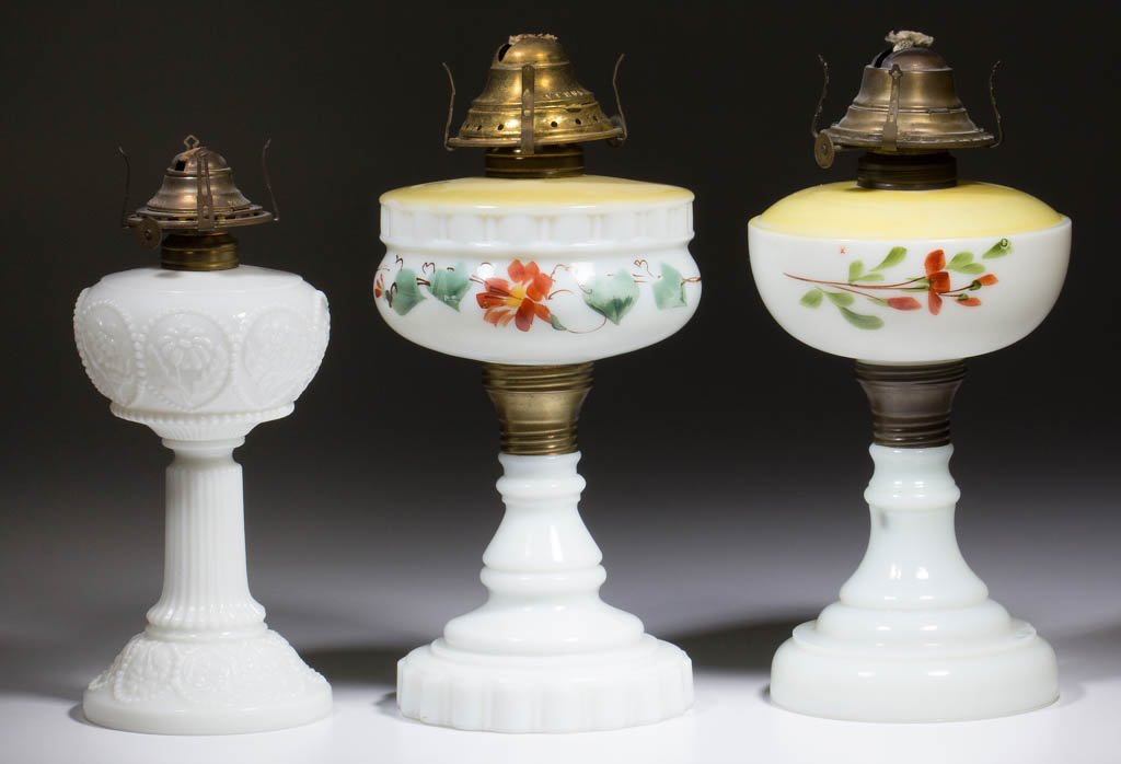 ASSORTED PATTERN KEROSENE STAND LAMPS, LOT OF THREE (1 of 1)